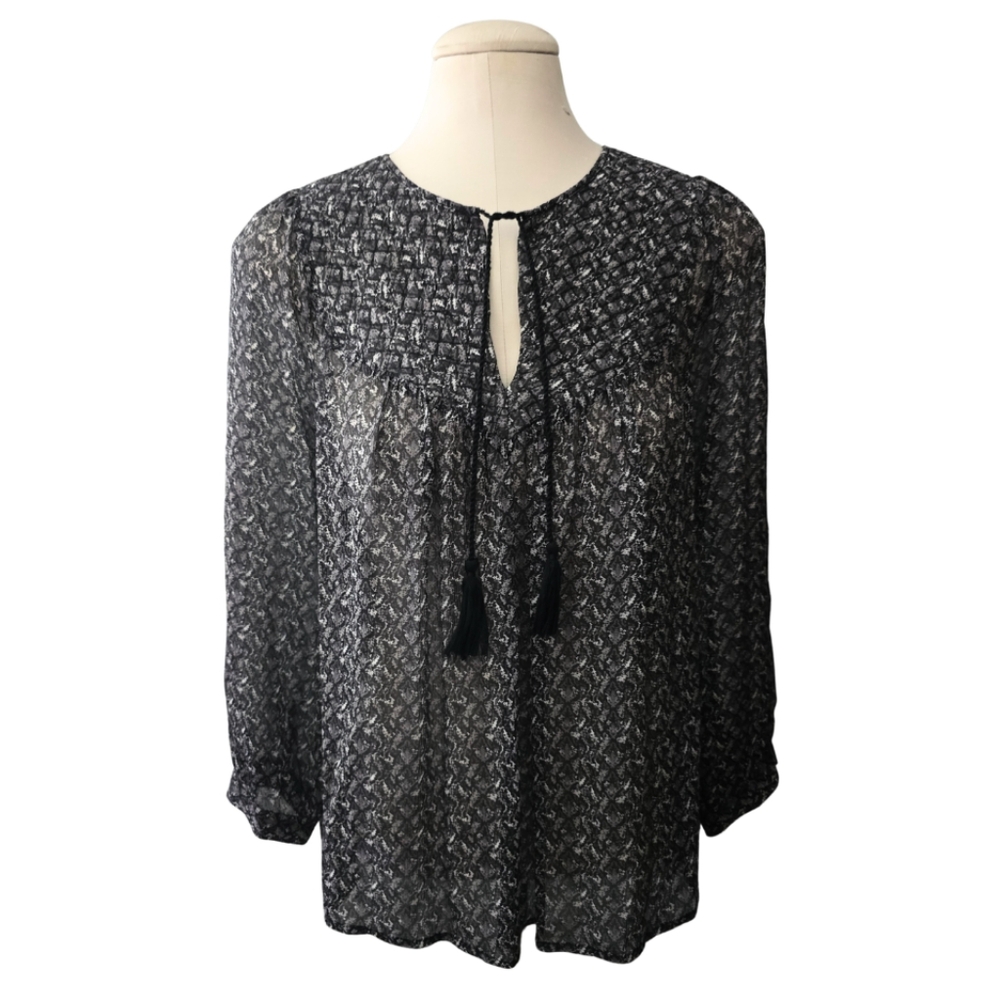 Joie 100% Silk Quilted Blouse Tassels Black Grey Boho Small